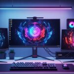 Diferentes modelos de monitores de alta performance em um ambiente de trabalho moderno.