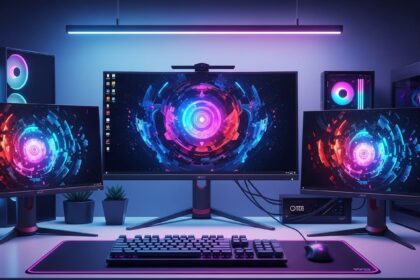 Diferentes modelos de monitores de alta performance em um ambiente de trabalho moderno.