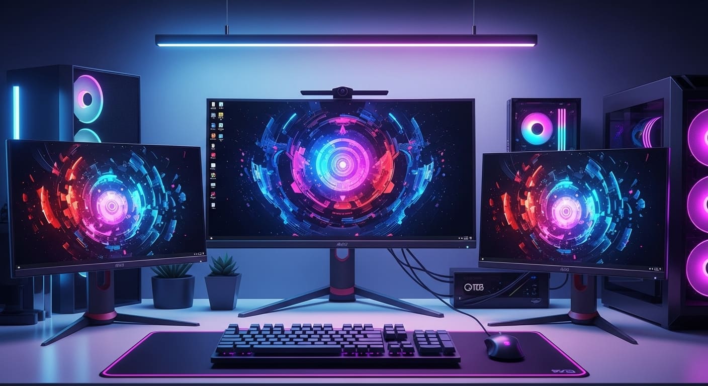 Diferentes modelos de monitores de alta performance em um ambiente de trabalho moderno.