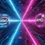 Comparativo entre processadores Intel e AMD para jogos em 2025, com logos estilizados e fundo tecnológico gamer.