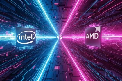 Comparativo entre processadores Intel e AMD para jogos em 2025, com logos estilizados e fundo tecnológico gamer.