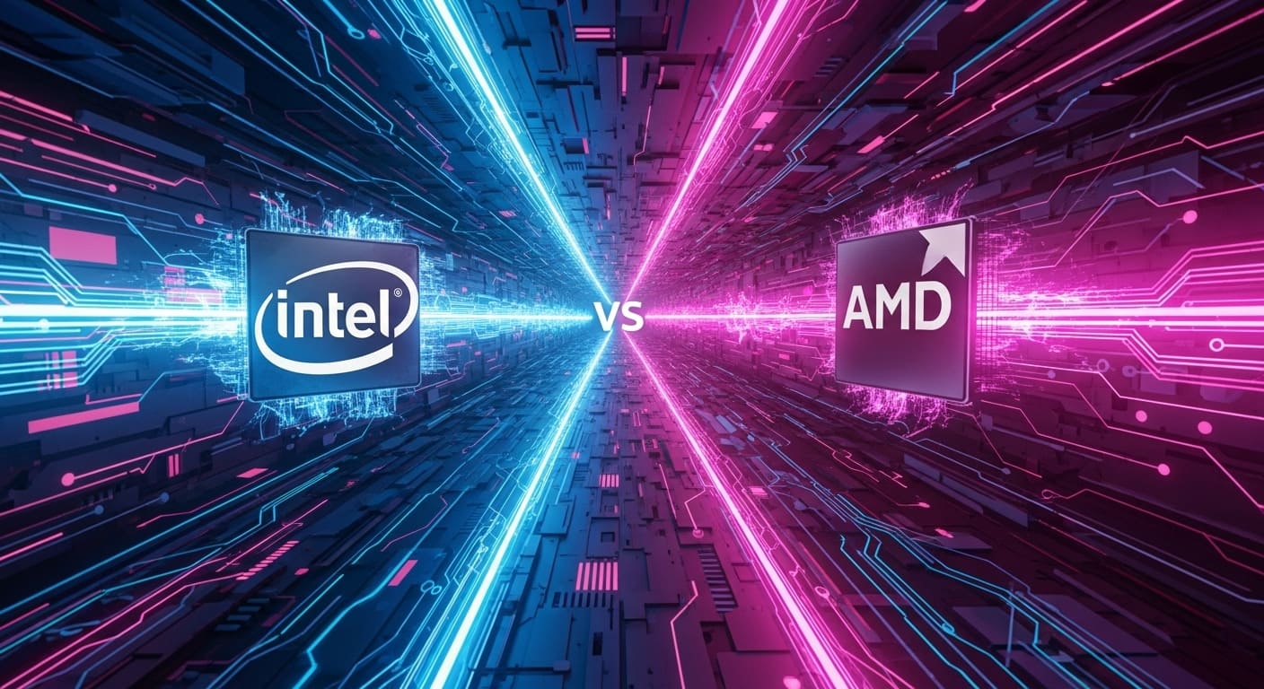 Comparativo entre processadores Intel e AMD para jogos em 2025, com logos estilizados e fundo tecnológico gamer.