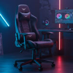 Cadeira gamer futurista com iluminação RGB em setup high-tech para jogos em 2025