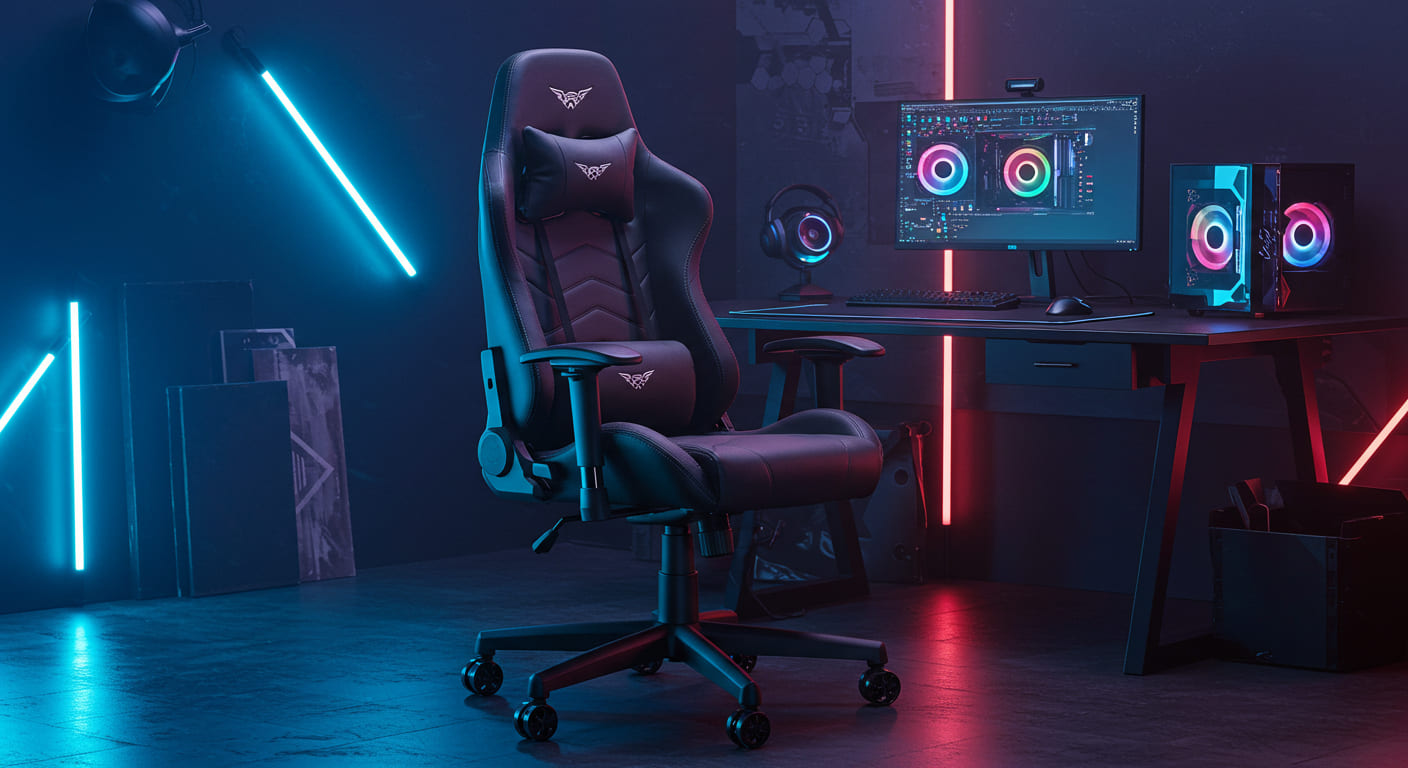 Cadeira gamer futurista com iluminação RGB em setup high-tech para jogos em 2025