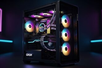 Gabinete gamer moderno com iluminação RGB e vidro temperado mostrando componentes internos organizados