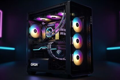 Gabinete gamer moderno com iluminação RGB e vidro temperado mostrando componentes internos organizados