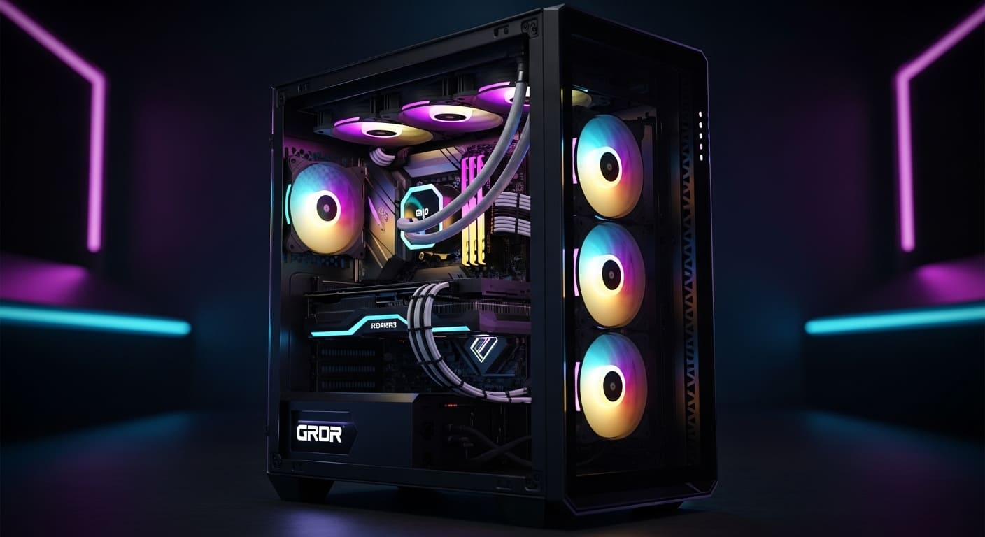 Gabinete gamer moderno com iluminação RGB e vidro temperado mostrando componentes internos organizados