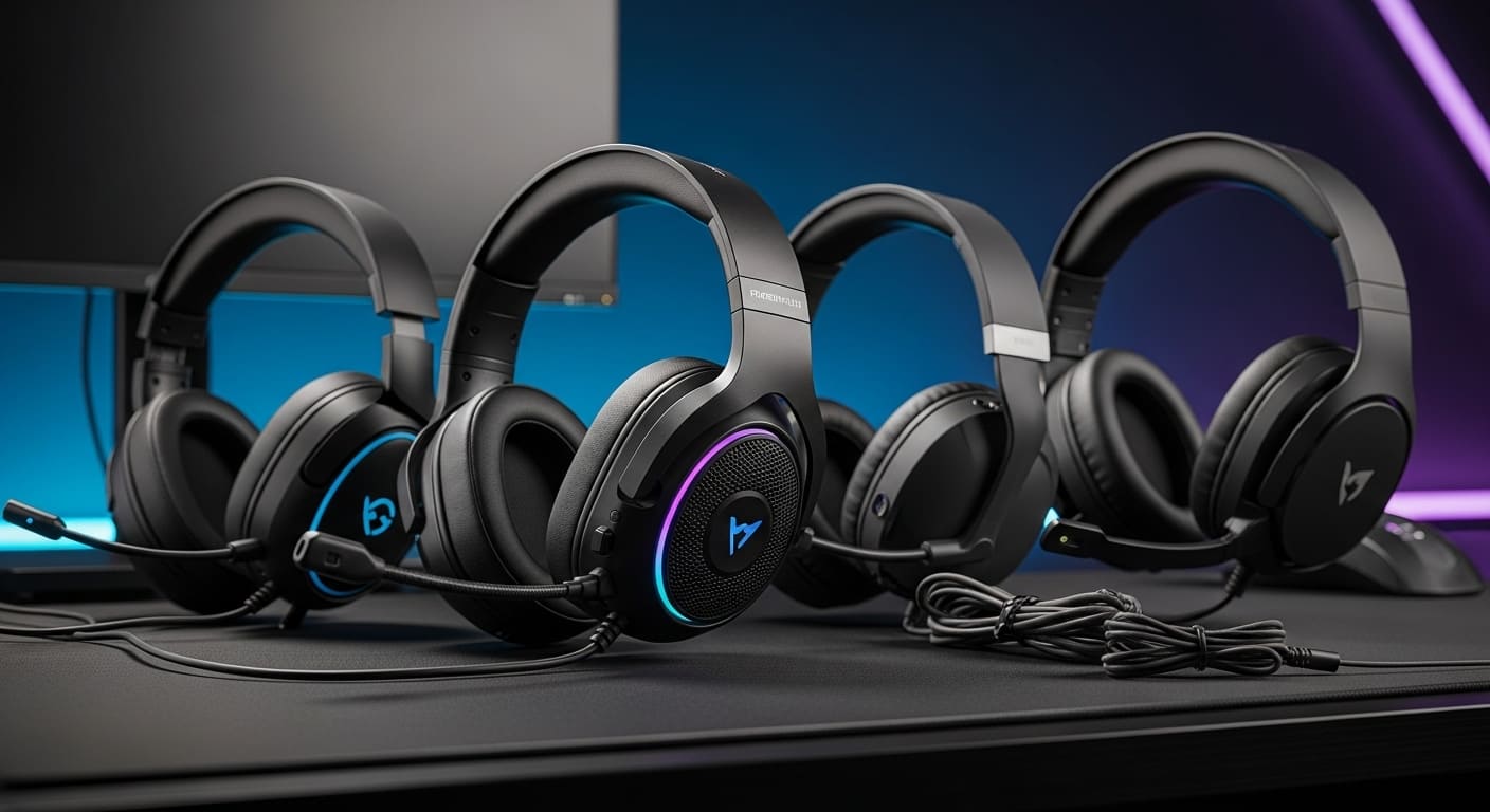 Diversos modelos de headsets gamer premium e econômicos para jogos em 2025, destacando opções sem fio e com fio para diferentes plataformas.